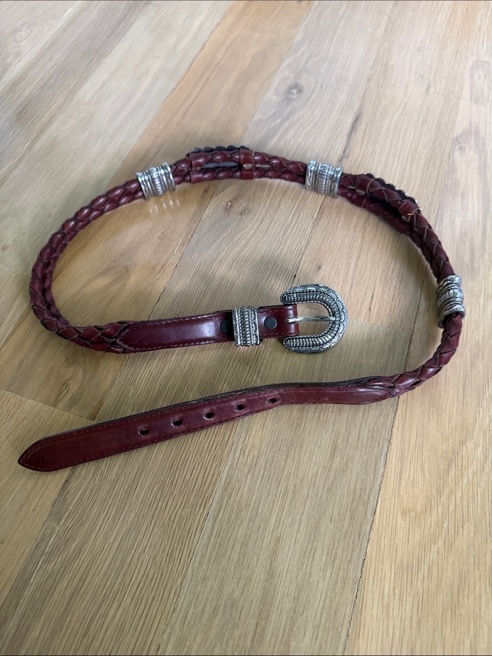 Vintage Braided Leather Belt in Burgundy with Silver Buckle